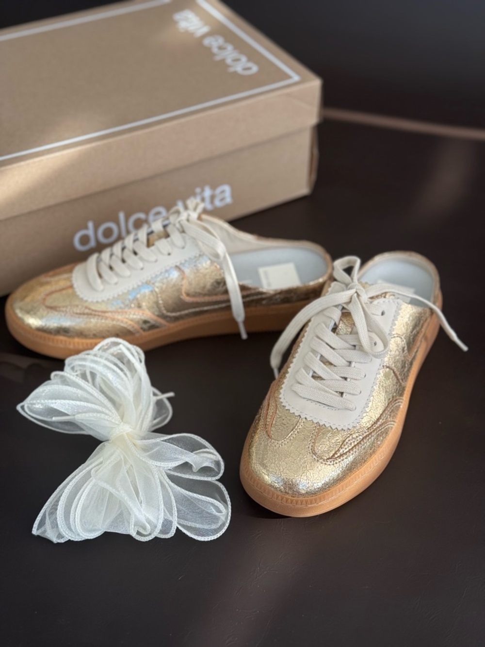 Metallic Gold and Cream Lace-Up Sneakers